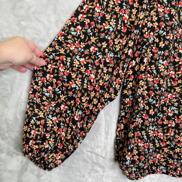 Loft Top Womens Large Black Ditsy Flower Print V Neck Long Balloon Sleeve Fall - Picture 3 of 12